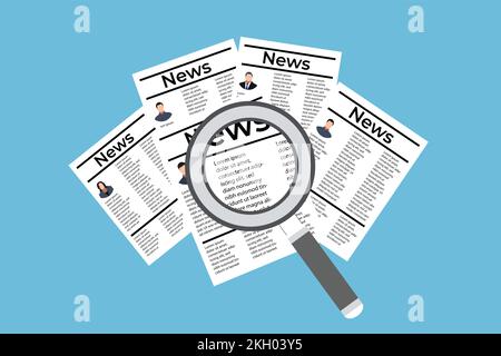 Searching Data from newspapers with a magnifying glass. Collecting data and other information from the newspapers. Flat character design with resume o Stock Vector