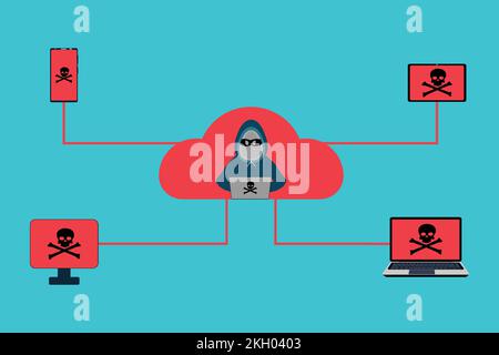 Hacking digital devices using the online server concept. Hackers use cloud servers to hack smartphones, tablets, computers, and laptops vector. Hacker Stock Vector