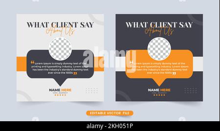 Client testimonials review layout template with a photo placeholder. Customer feedback testimonial and review section design with yellow and gray colo Stock Vector