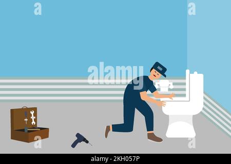 Plumber repairing toilet with his equipment flat character vector. Home plumber service vector illustration. Plumber man working in the home bathroom Stock Vector