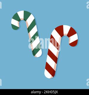 Two christmas striped candy canes. Vector illustration isolated on blue background. Stock Vector