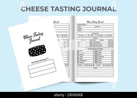 Cheese tasting journal KDP interior. Dairy products and cheese quality testing notebook template. KDP interior logbook. Cheese texture and characteris Stock Vector