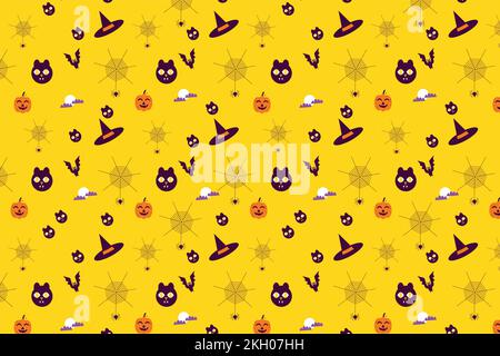 Halloween scary seamless pattern design with cat faces and witch hats. Abstract minimal pattern vector for Halloween event. Endless pattern with spide Stock Vector