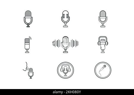 Microphone icon collection vector. Podcast microphone and headphone icon bundle. Sound equalizer with microphone, podcast system icons. Sound recorder Stock Vector