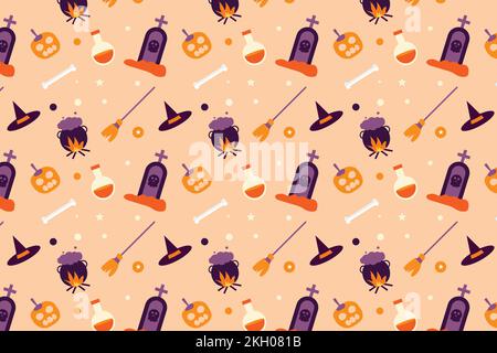 Halloween seamless pattern vector with broomsticks, poisons, and tombstones, Halloween minimal pattern decoration on an off-white background. Scary pa Stock Vector