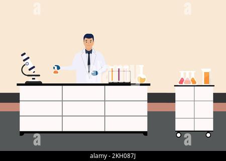 A male scientist is using a test tube to mix chemicals together. A Scientist in a lab with a microscope and test tube vector illustration. Science pro Stock Vector