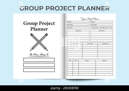 Group project planner KDP interior journal template. Group project member information tracker and task planner template. KDP interior notebook. Group Stock Vector