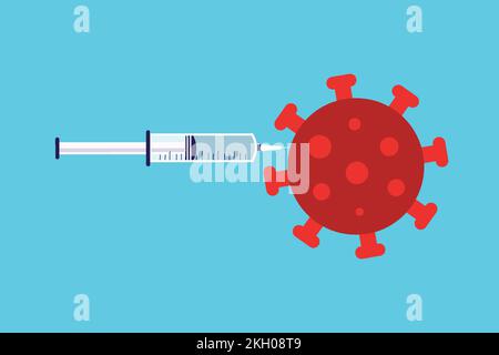 Giving a vaccine to a red virus to prevent infections. Using a syringe to vaccinate covid-19 virus concept vector. Killing coronavirus with a vaccine Stock Vector