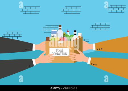 Food donation concept with two human hands. Man sharing food with a poor person, Brick background effect vector. Charity donation concept with a man s Stock Vector