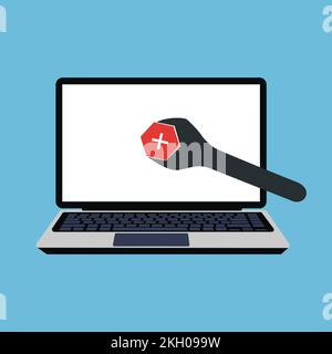 Fixing hardware or software on laptop concept vector. Wrench fixing computer program. Fixing computer bug or error with a mechanic wrench flat illustr Stock Vector
