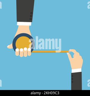 Measuring tape vector on a human hand flat illustration. Man scaling measurement by using a measuring tape vector. Construction or repair worker scali Stock Vector