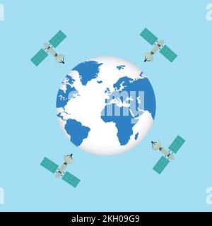 Satellite around world globe vector. Satellites are running around the world concept. Communication satellite flying orbital spaceflight around the ea Stock Vector