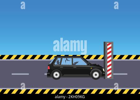 Car crash vector illustration in testing ground. A black car with broken windows and frames on an urban road. Car accidents and collation illustration Stock Vector