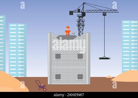 A mason constructing a building with his hand vector. Under construction site with a crane, buildings, and bricks. Building workers construct building Stock Vector