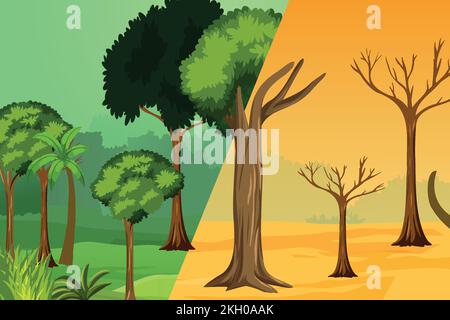 Global warming and deforestation problem concept vector. Before and after global warming effect on trees with green leaves. Jungle with green bushes a Stock Vector