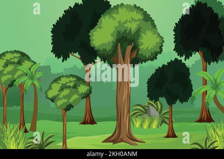 Jungle interior with green trees and bushes vector illustration. Big trees inside a forest, ecological system concept vector. Nature and evergreen bac Stock Vector