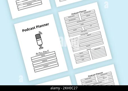 Podcast regular information tracker KDP interior. Podcast planner and running order info tracker template. KDP interior of a journal. Radio station re Stock Vector