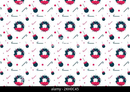 Christmas minimal pattern decoration for backgrounds and wallpapers. Seamless Christmas pattern design with wreaths, candy canes, and decoration balls Stock Vector