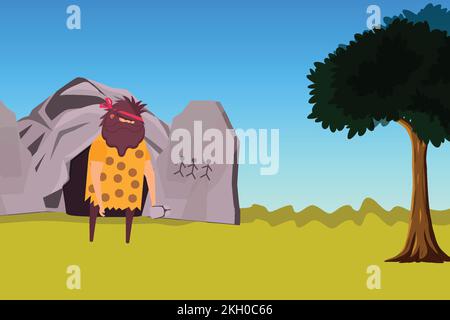 Caveman drawing on a stonewall flat character vector design. Prehistoric Man with a stone cave and big tree vector. Big and hairy cave-dweller with a Stock Vector