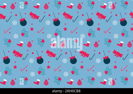 Creative seamless Christmas pattern with decoration balls and red ribbons. Endless abstract pattern for bed sheets and wrapping papers. Minimal Christ Stock Vector