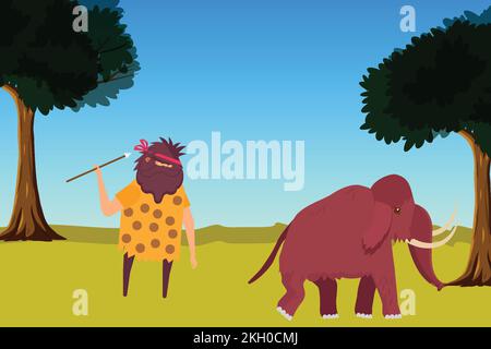 Caveman hunting a mammoth with a spear in a jungle vector. Prehistoric caveman hunting and food habit concept illustration. Cave-dweller with a long s Stock Vector