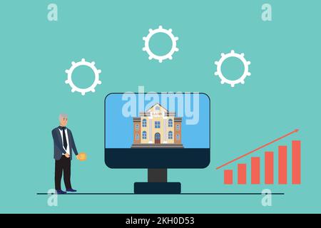 Old man saving money in online banking system concept vector. An older man's flat character design with a bank inside a monitor. Saving money and onli Stock Vector