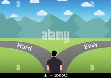 Man choosing a hard or easy working path. Man flat character design with green land and hills vector. Male character deciding what path to choose for Stock Vector