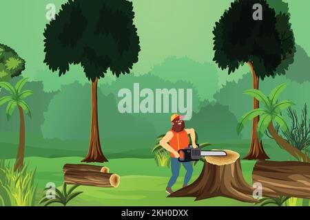 lumberjack with a chainsaw inside a jungle cutting trees. Woodcutter inside a dense jungle with electric chainsaw vector. lumberjack sawing tree trunk Stock Vector