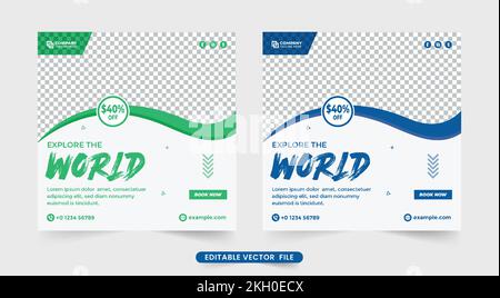 Tour and travel planner business agency poster vector with green and blue colors. Holiday vacation planner template design with discount offer. Dream Stock Vector