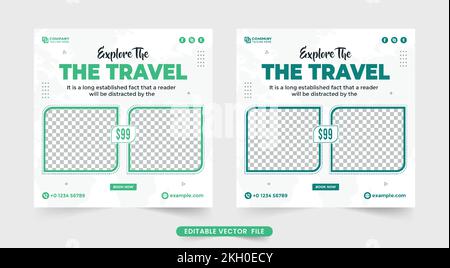 Travel social media post design with creative shapes. Touring group business promotion template with green colors. Vacation planner and touring agency Stock Vector