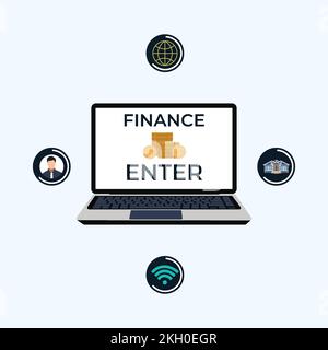 Finance and banking online service with a laptop vector. Bank business concept with internet icons and flat character design. Online banking and finan Stock Vector