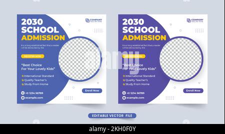 Creative school admission template design with round shapes. Educational social media post vector with purple and blue colors. School admission and ac Stock Vector