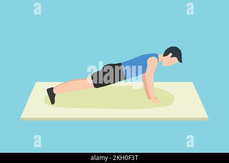 Boy doing push-up exercise on a floor mat vector illustration. Man doing push-ups for body strength and muscle buildup. Bodybuilder flat character des Stock Vector