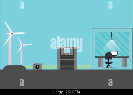 Using natural energy for houses with batteries. Wind turbines produce electricity and are stored in batteries vector. Processing natural power to use Stock Vector
