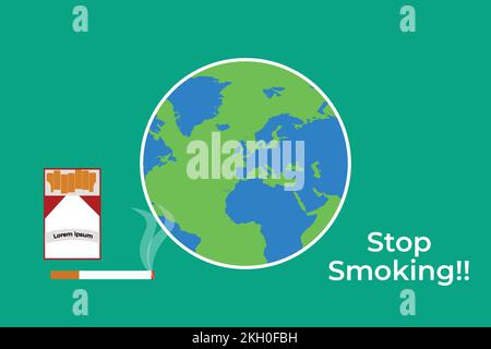 Stop smoking slogan with a pack of cigarettes and world map flat design. Ignited cigarette vector with the smoke and a globe illustration. Smoking awa Stock Vector