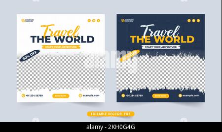 Tour and travel social media post. Travel agency advertisement banner vector. Vacation and adventure planner flyer design. Tour and travel banner temp Stock Vector