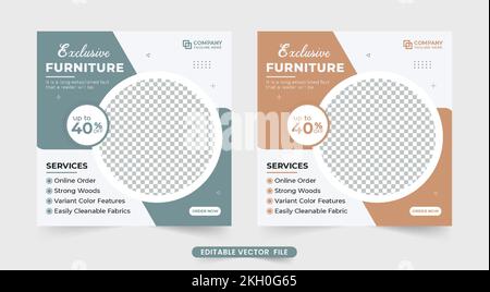 Exclusive furniture sale social media post vector with blue and clay colors. Furniture business advertising web banner design with abstract shapes. Mo Stock Vector