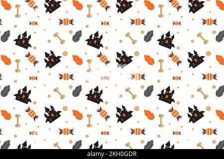 Halloween abstract pattern design with bones and haunted houses. Halloween seamless pattern decoration on a white background. Endless pattern vector f Stock Vector