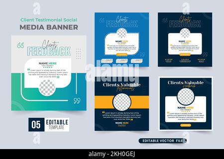 Customer feedback testimonial design bundle with rating sections. Customer service feedback layout template collection with colorful background. Clien Stock Vector