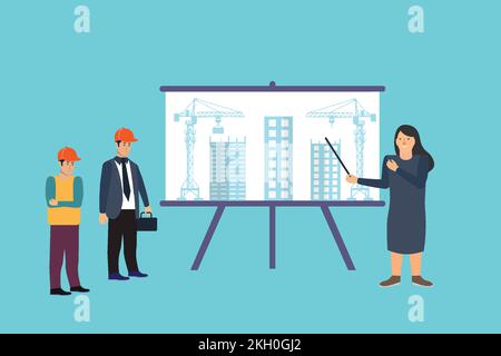 Architecture explaining work process to handyman workers vector. Male and female flat character design with a blueprint board. Working management conc Stock Vector