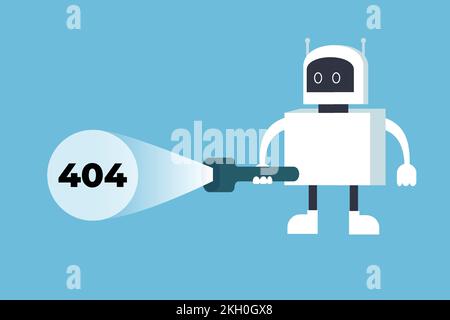 A white robot searching for a 404 error with a torch light. 404 page not found error concept with a robot flat design vector. System finding 404 error Stock Vector