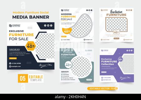 Furniture store promotional web banner bundle vector with creative shapes. Exclusive furniture sale social media post collection with dark and purple Stock Vector