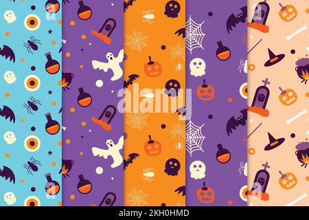 Halloween seamless pattern collection on purple and orange backgrounds. Abstract Halloween pattern bundle for book covers and wallpapers. Halloween pa Stock Vector