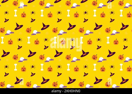 Abstract Halloween pattern decoration on a yellow background. Halloween seamless pattern vector with different elements. Minimal pattern decoration wi Stock Vector