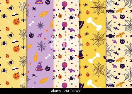 Halloween pattern collection vector with yellow and purple background. Halloween seamless pattern bundle for book covers and wallpapers. Abstract patt Stock Vector