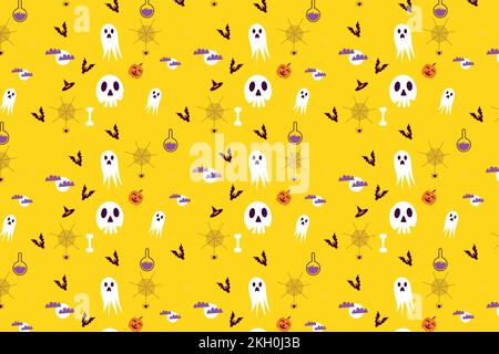 Endless Halloween pattern design with different scary elements on a yellow background. Abstract Halloween pattern decoration for book covers, backgrou Stock Vector