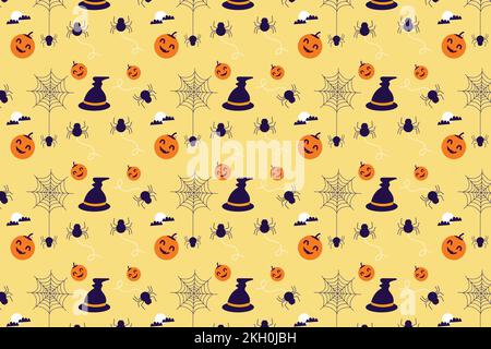 Cute Halloween pattern background vector with scary pumpkins and witch hats. Spooky Halloween pattern decoration for bed sheets or book covers. Hallow Stock Vector