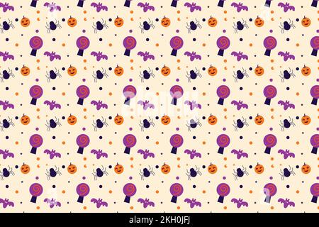 Halloween minimal pattern design with witchcraft and spooky spiders on an off-white background. Cute Halloween seamless pattern vector for backgrounds Stock Vector