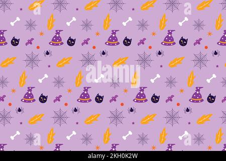 Endless Halloween pattern design with abstract elements. Halloween seamless pattern vector with cat faces and witch hats. Pattern texture background d Stock Vector