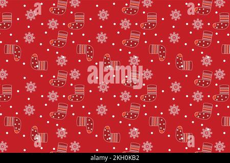 Abstract Christmas pattern design with winter socks and snowflakes. Christmas element pattern vector on a red background. Christmas pattern background Stock Vector